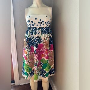 Tibi floral silk strapless tie-back dress, botanical print, size 2